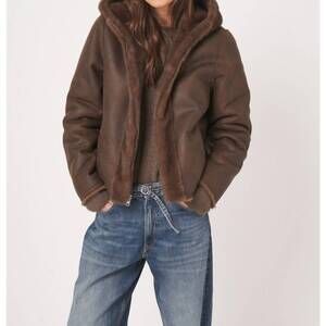 NEW REPEAT CASHMERE reversible faux mink jacket with hood in choco